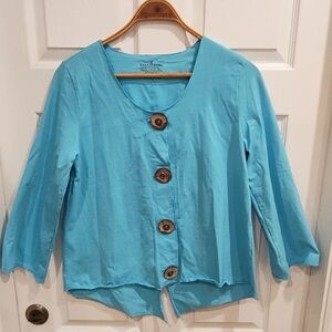 EUC Neon Buddha Button Up Top Blue/Turquoise Size Med/Large Wood/Metal Buttons